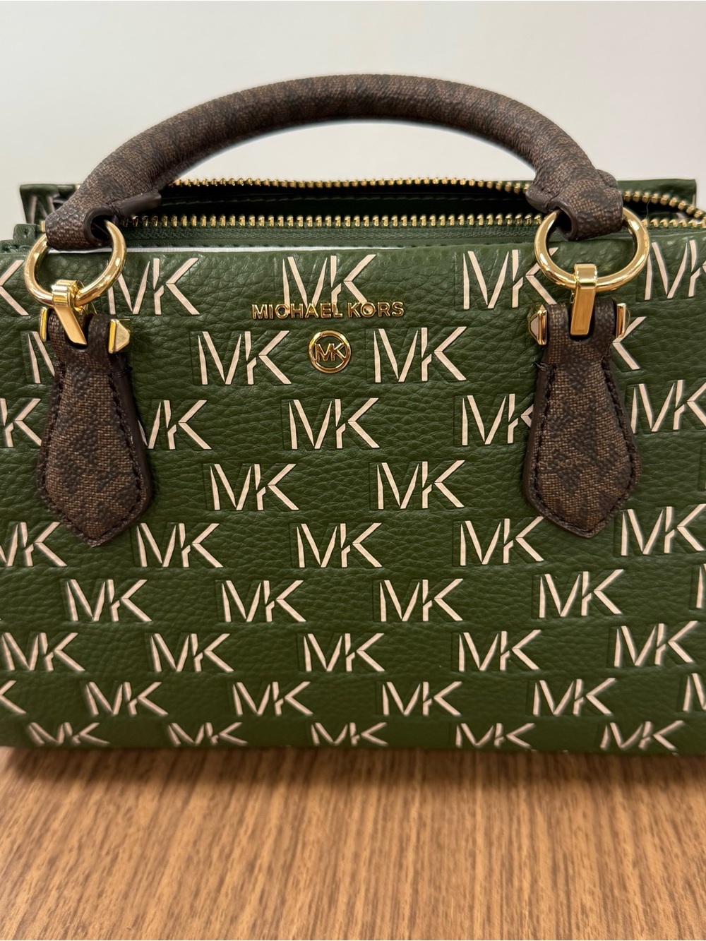 Michael Kors Olive Green MK Logo Satchel with Brown Handles